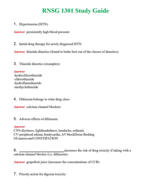 RNSG 1301 Study Guide | Actual Questions and Verified Answers ( Included ) 100% Correct