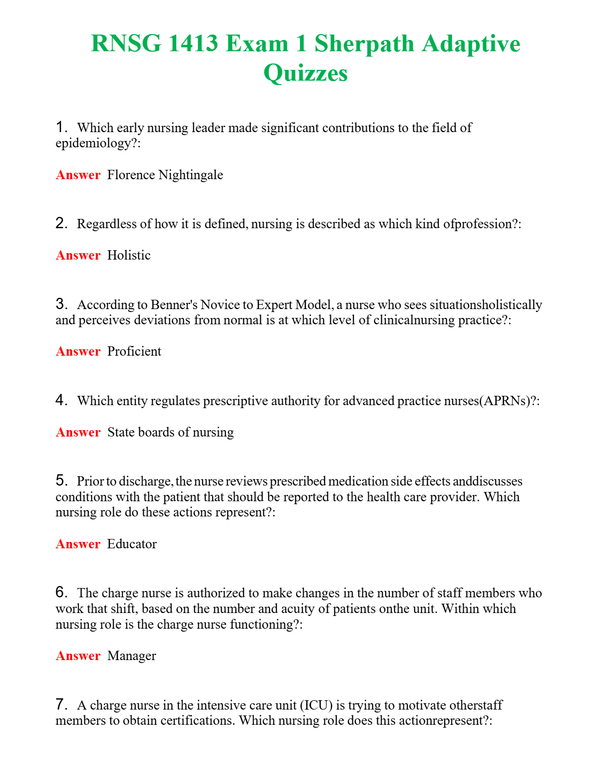 RNSG 1413 Exam 1 Sherpath Adaptive Quizzes | Actual Questions and Verified Answers ( Included ) 100% Correct