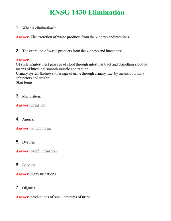 RNSG 1430 Elimination | Actual Questions and Verified Answers ( Included ) 100% Correct