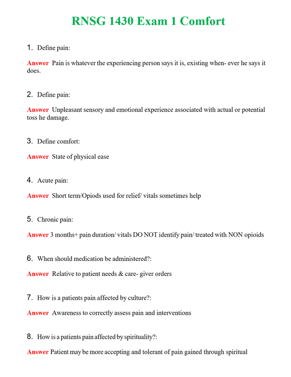 RNSG 1430 Exam 1 Comfort | Actual Questions and Verified Answers ( Included ) 100% Correct