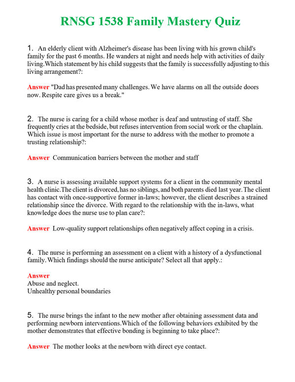 RNSG 1538 Family Mastery Quiz | Actual Questions and Verified Answers ( Included ) 100% Correct