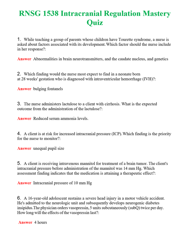 RNSG 1538 Intracranial Regulation Mastery Quiz | Actual Questions and Verified Answers ( Included ) 100% Correct