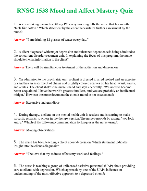 RNSG 1538 Mood and Affect Mastery Quiz | Actual Questions and Verified Answers ( Included ) 100% Correct