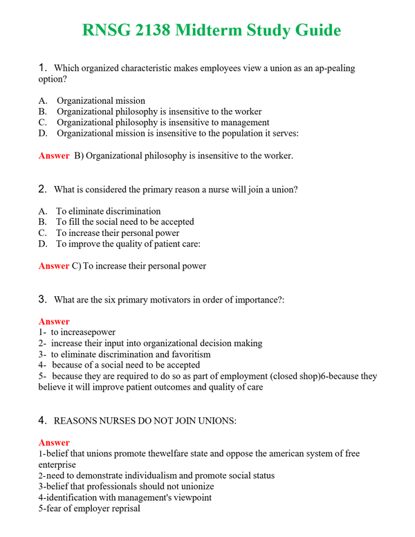 RNSG 2138 Midterm Study Guide | Actual Questions and Verified Answers ( Included ) 100% Correct