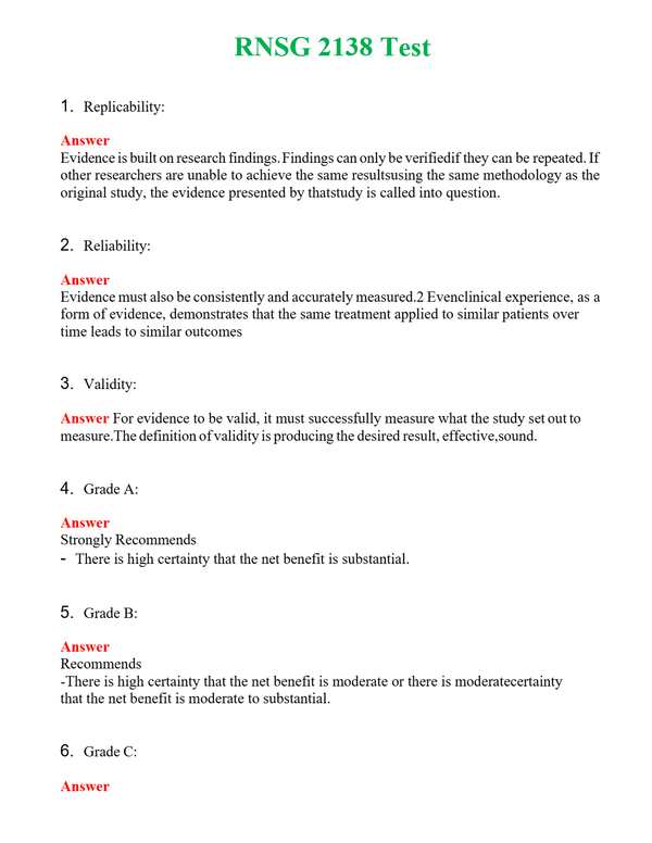 RNSG 2138 Test | Actual Questions and Verified Answers ( Included ) 100% Correct