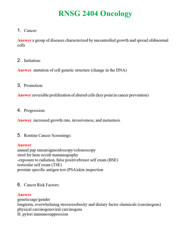 RNSG 2404 Oncology | Actual Questions and Verified Answers ( Included ) 100% Correct