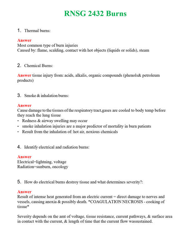 RNSG 2432 Burns | Actual Questions and Verified Answers ( Included ) 100% Correct