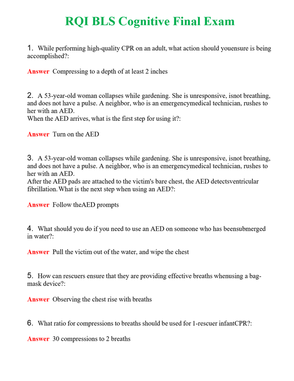 RQI BLS Cognitive Final Exam Questions With Complete Grade A+ Answers