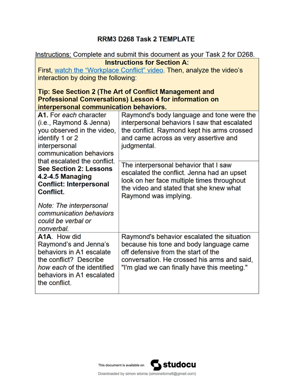 RRM3 D268 Task 2 Analyzing Workplace Conflict & Communication Behaviors Completed Paper / 2025 Update