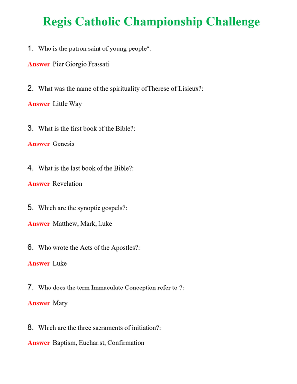 Regis Catholic Championship Challenge Questions With Complete Grade A+ Answers