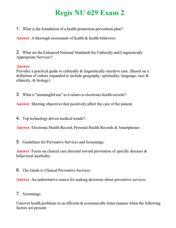 Regis NU 629 Exam 2 Questions With Complete Grade A+ Answers