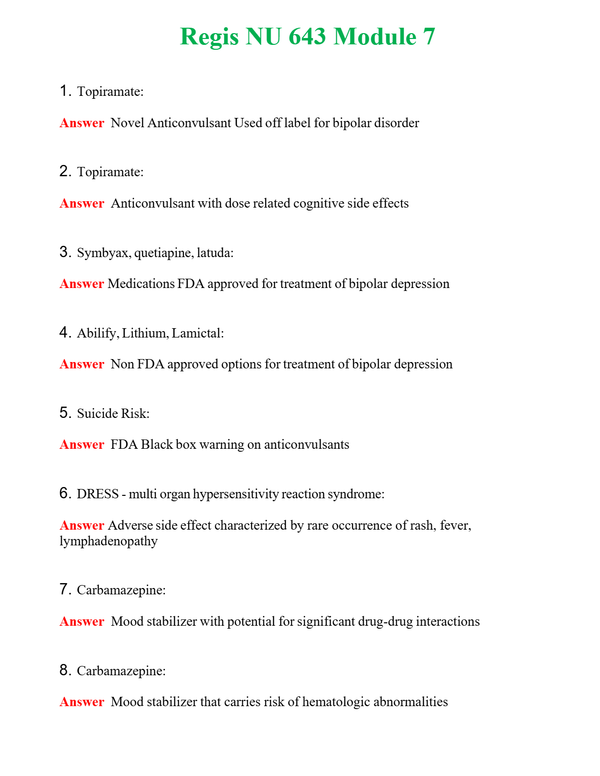 Regis NU 643 Module 7 Questions With Complete Grade A+ Answers