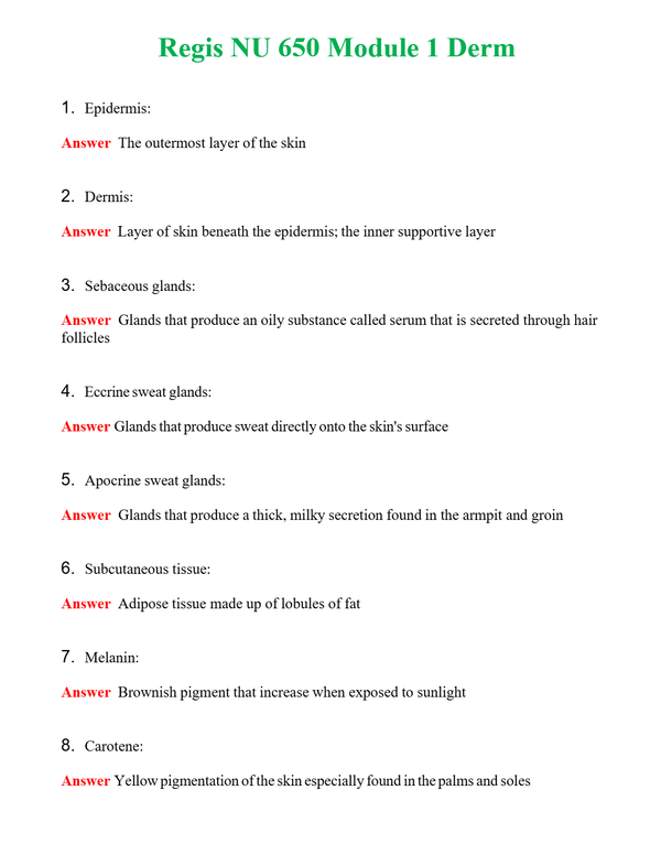 Regis NU 650 Module 1 Derm Questions With Complete Grade A+ Answers