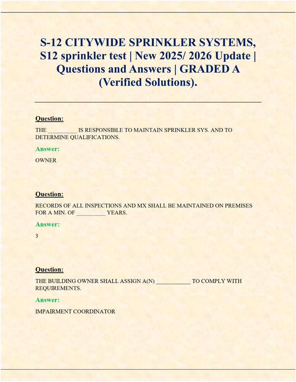 S-12 Citywide Sprinkler Systems Exam (Latest 2025/2026 Update) | Verified Questions & Answers | Graded A