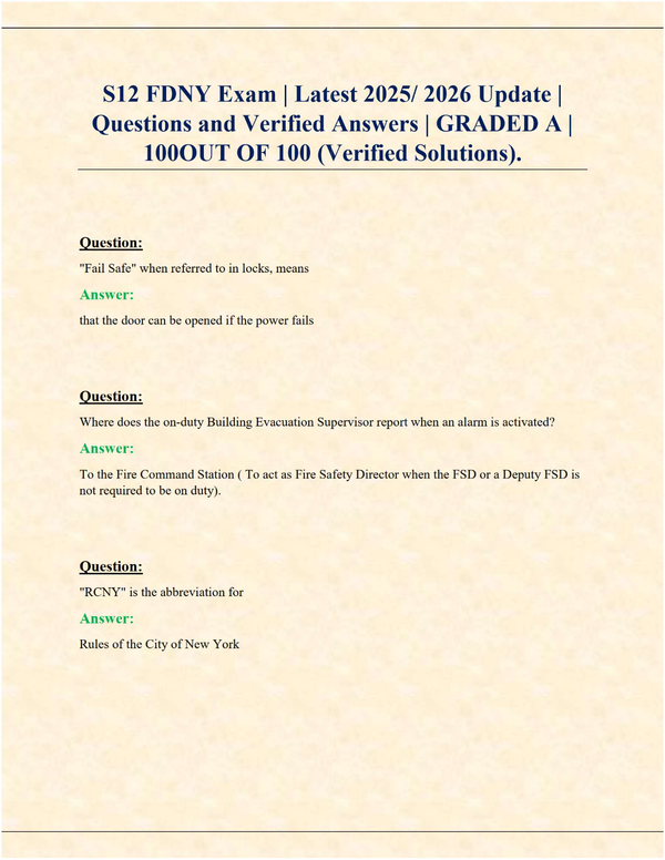 S12 FDNY Exam (Latest 2025/2026 Update) | Verified Questions & Answers | Grade A | 100% Correct Solutions