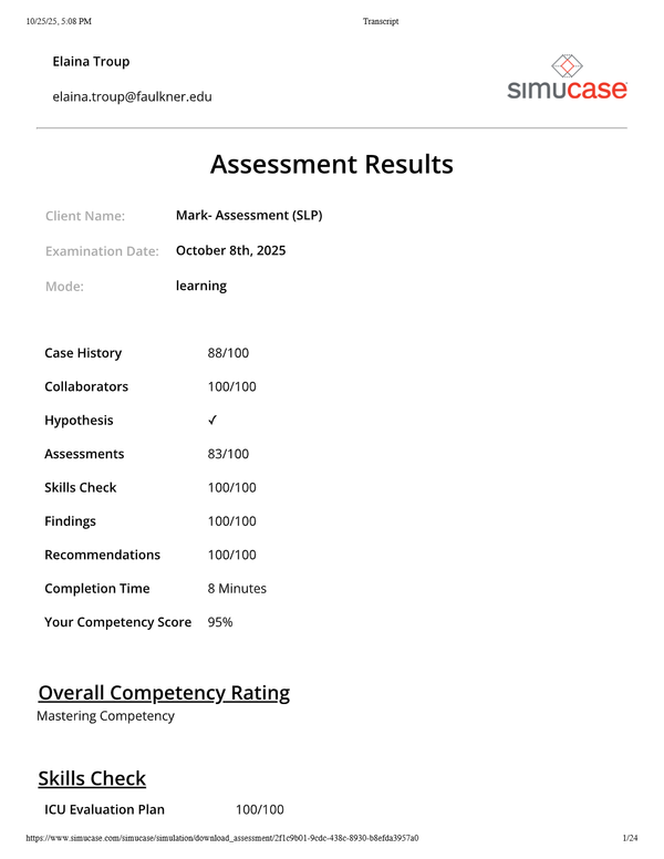 Simu case Mark- Assessment (SLP): Complete Transcript | Updated Latest Fall 2025/26 - Already Graded A.