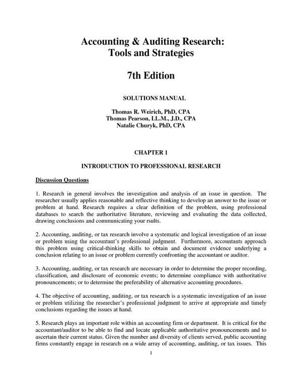 Solutions Manual For Accounting & Auditing Research Tools & Strategies 7th Edition By Weirich Pearson Churyk