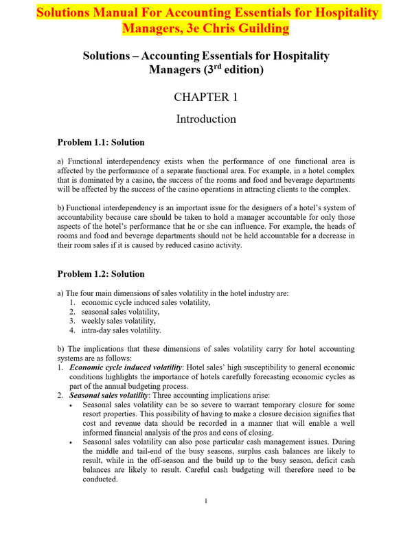 Solutions Manual For Accounting Essentials for Hospitality Managers, 3e Chris Guilding