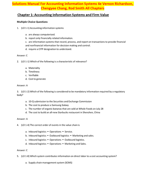Solutions Manual For Accounting Information Systems 4e Vernon Richardson, Chengyee Chang, Rod Smith