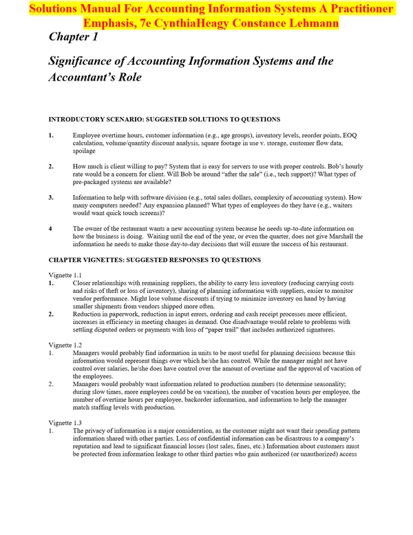 Solutions Manual For Accounting Information Systems A Practitioner Emphasis, 7e Cynthia Heagy Constance Lehmann