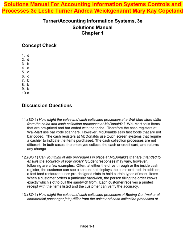 Solutions Manual For Accounting Information Systems Controls and Processes 3e Leslie Turner Andrea Weickgenannt Mary Kay Copeland