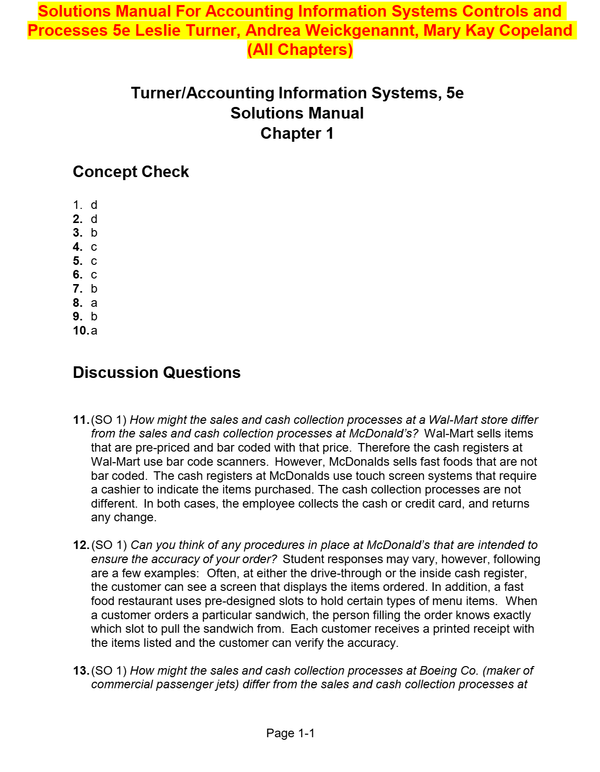 Solutions Manual For Accounting Information Systems Controls and Processes 5e Leslie Turner, Andrea Weickgenannt, Mary Kay Copeland
