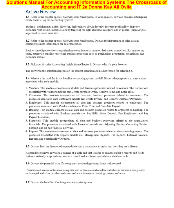 Solutions Manual For Accounting Information Systems The Crossroads of Accounting and IT 2e Donna Kay Ali Ovlia