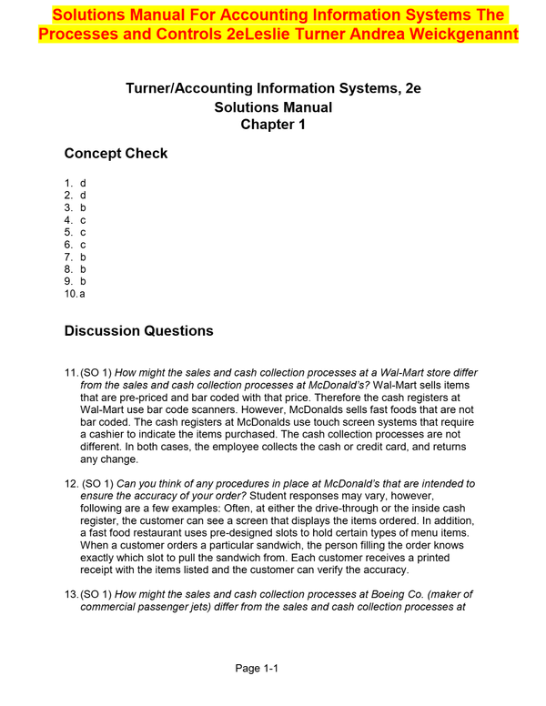 Solutions Manual For Accounting Information Systems The Processes and Controls 2e Leslie Turner Andrea Weickgenannt