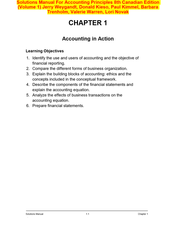 Solutions Manual For Accounting Principles 8th Canadian Edition (Volume 1) Jerry Weygandt, Donald Kieso, Paul Kimmel, Barbara Trenholm, Valerie Warren, Lori Novak