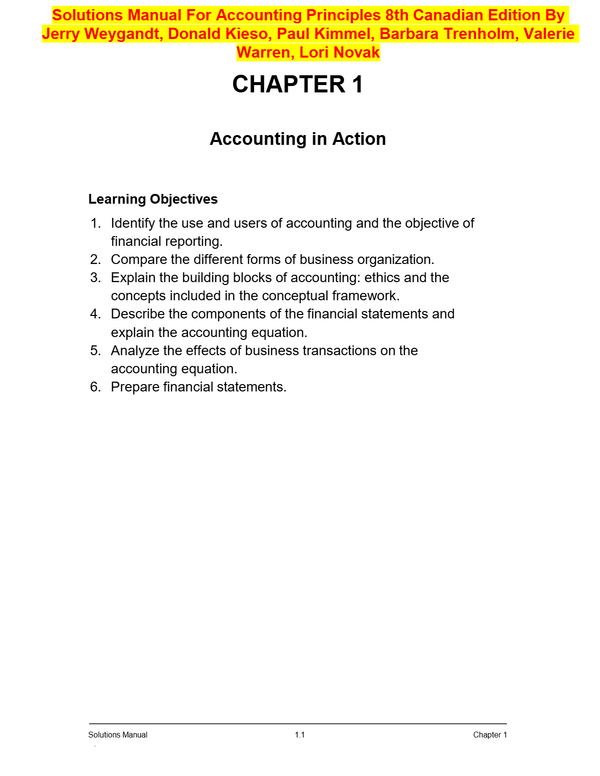 Solutions Manual For Accounting Principles 8th Canadian Edition By Jerry Weygandt, Donald Kieso, Paul Kimmel, Barbara Trenholm, Valerie Warren, Lori Novak