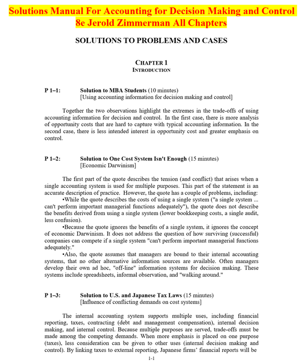 Solutions Manual For Accounting for Decision Making and Control 8e Jerold Zimmerman All Chapters