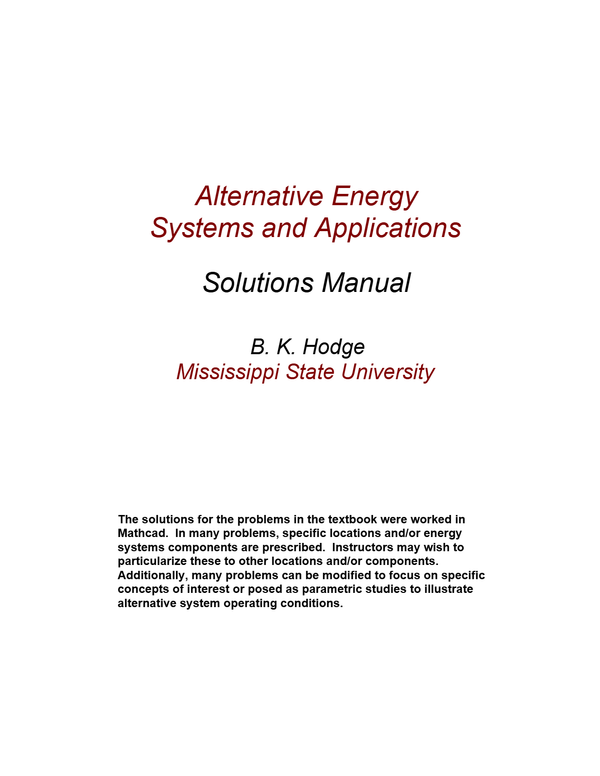 Solutions Manual For Alternative Energy Systems 1st Edition By Hodge