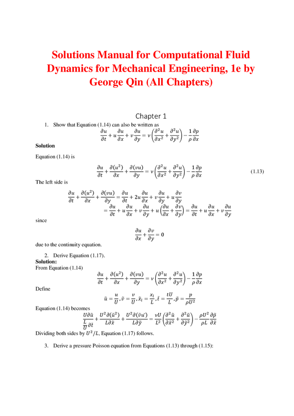 Solutions Manual For Computational Fluid Dynamics for Mechanical Engineering 1st Edition By George Qin