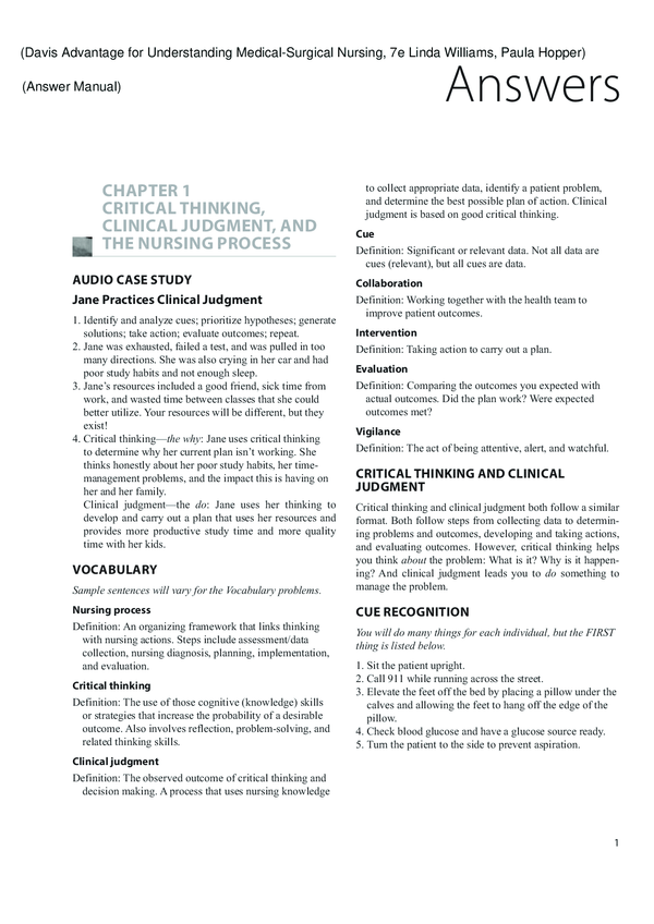 Solutions Manual For Davis Advantage for Understanding Medical-Surgical Nursing, 7th Edition By Linda Williams, Paula Hopper
