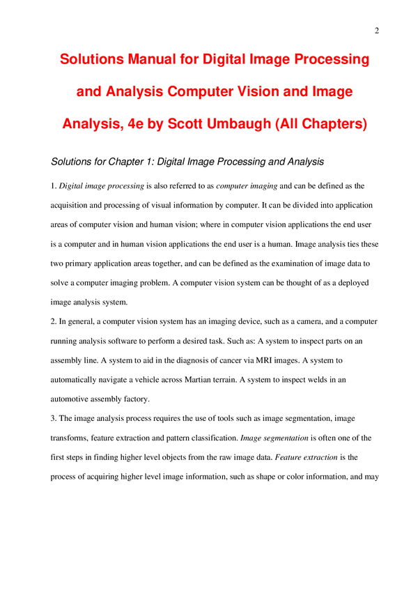 Solutions Manual For Digital Image Processing and Analysis Computer Vision and Image Analysis, 4th Edition By Scott Umbaugh