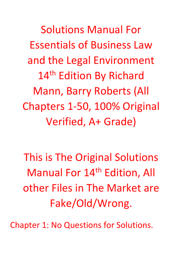 Solutions Manual For Essentials of Business Law and the Legal Environment 14th Edition By Richard Mann, Barry Roberts