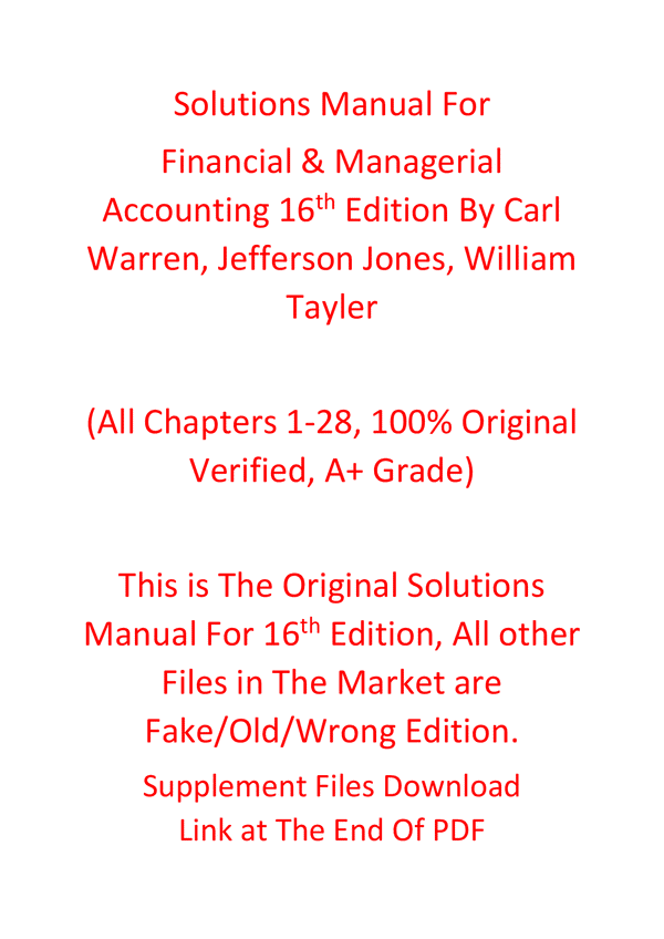 Solutions Manual For Financial & Managerial Accounting 16th Edition By Carl Warren, Jefferson Jones, William Tayler