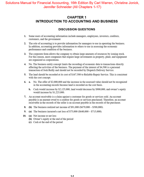 Solutions Manual For Financial Accounting, 16th Edition By Carl Warren, Christine Jonick, Jennifer Schneider