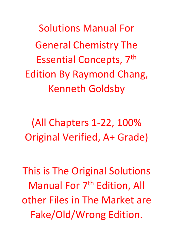 Solutions Manual For General Chemistry The Essential Concepts, 7th Edition By Raymond Chang, Kenneth Goldsby