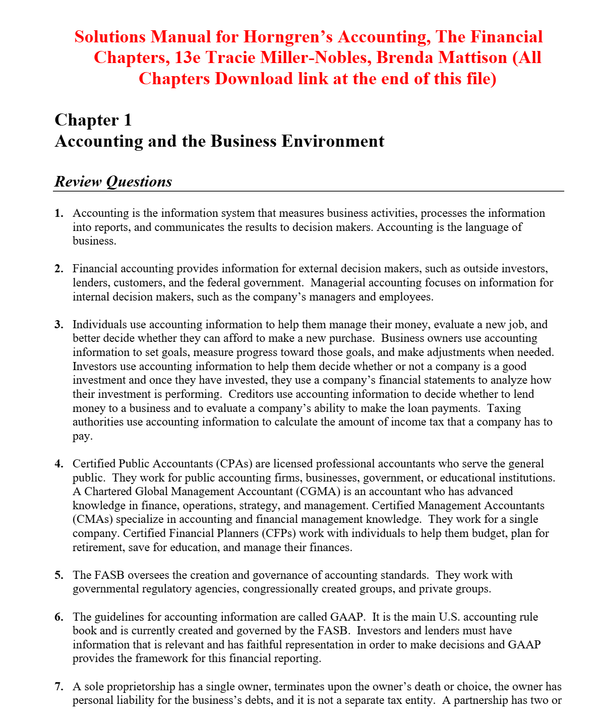 Solutions Manual For Horngren’s Accounting, The Financial Chapters 13th Edition By Tracie Miller-Nobles, Brenda Matt