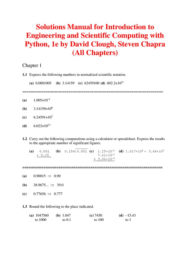 Solutions Manual For Introduction to Engineering and Scientific Computing with Python, 1st Edition By David Clough, Steven Chapra