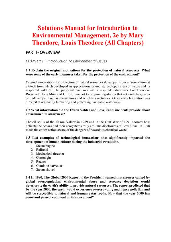 Solutions Manual For Introduction to Environmental Management, 2nd Edition By Mary Theodore, Louis Theodore