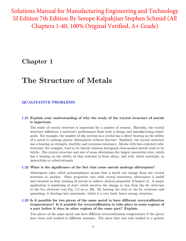 Solutions Manual For Manufacturing Engineering and Technology SI Edition 7th Edition By Serope Kalpakjian Stephen Schmid