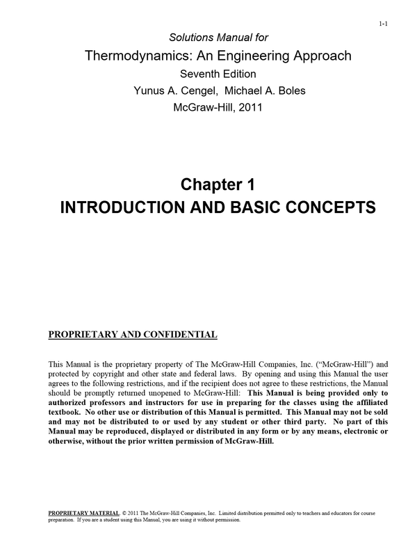 Solutions Manual for 1-1 Thermodynamics: An Engineering Approach Seventh Edition Yunus A. Cengel, Michael A. Boles McGraw-Hill, 2011