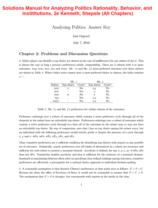 Solutions Manual for Analyzing Politics Rationality, Behavior, and Instititutions, 2e Kenneth, Shepsle