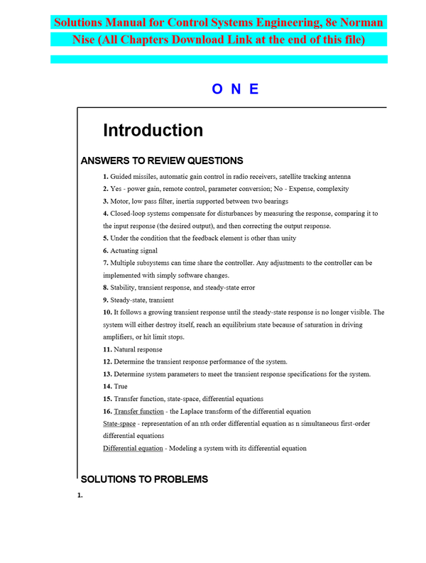 Solutions Manual for Control Systems Engineering 8th Edition By Norman Nise