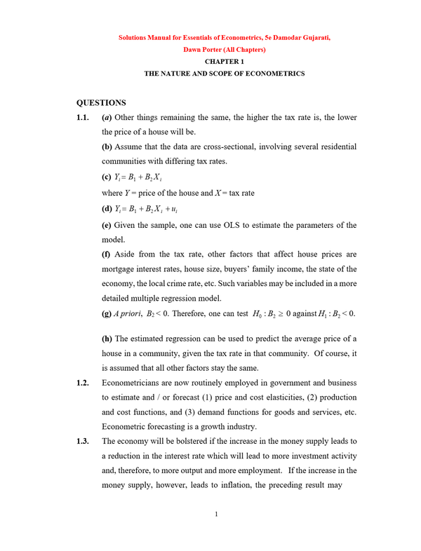 Solutions Manual for Essentials of Econometrics, 5e Damodar Gujarati, Dawn Porter (All Chapters) A+