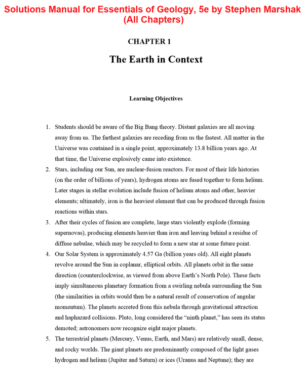 Solutions Manual for Essentials of Geology, 5th Edition by Stephen Marshak (All Chapters) A+