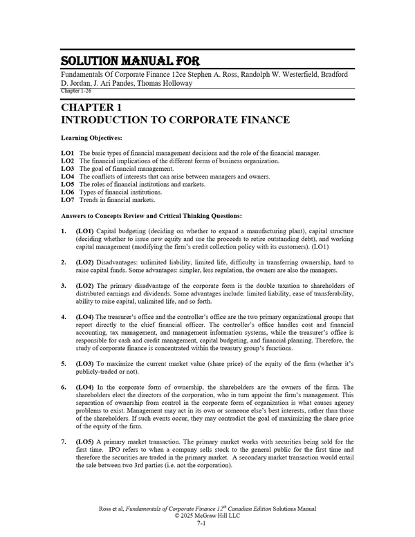 Solutions Manual for Fundamentals Of Corporate Finance 12th Canadian Edition by Stephen A. Ross, Randolph W. Westerfield, Bradford D. Jordan, J. Ari Pandes, Thomas Holloway