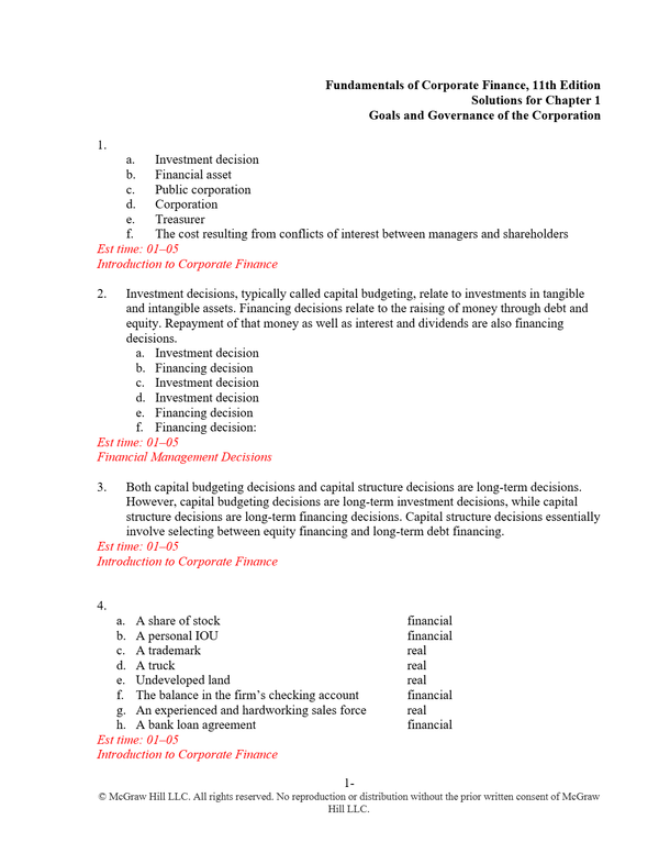 Solutions Manual for Fundamentals of Corporate Finance, 11th Edition By Brealey and Myers'